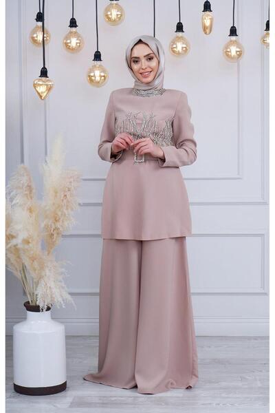 Ribas Collection فستان سهرة ريباس مع بنطلون طراز R128 مينك