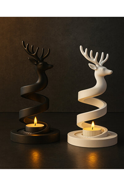 edoy Dekoratif Spiral Geyik Şamdan – Siyah & Beyaz Minimalist Tealight Mumluk...