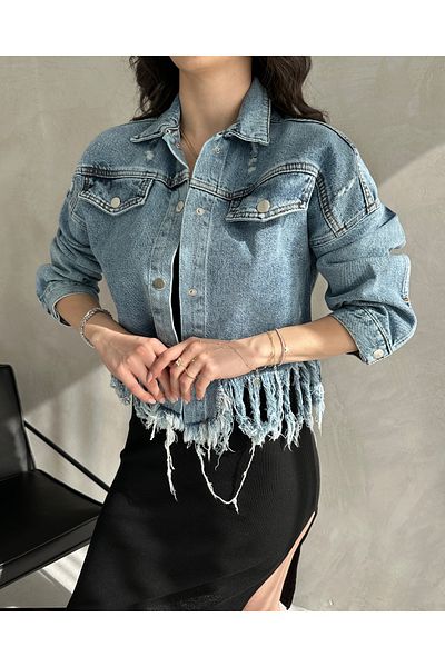 Fav Style Дамско деним яке с пискюли, синьо