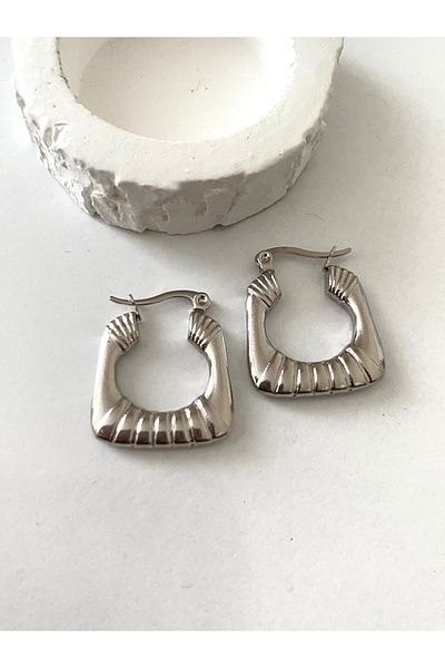 Petek Collection Patterned Silver Color Hoop Clip Steel Earrings Mother's Day Gift