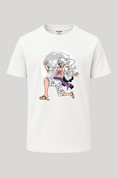 nirvoda تي شيرت لوفي أبيض قطعة واحدة مطبوع فضفاض بياقة دائرية للجنسين تي شيرت...