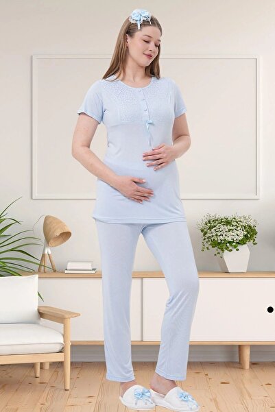 Mecit Pijama Kadın Uzun Sabahlıklı Lohusa(Hamile) 2'Li Kısa Kollu Güpürlü Pijama Takımı %75 Pamuk %25 Viskon