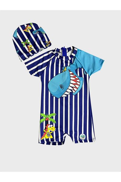ALİŞ KİDS Boy's Navy Blue Crocodile Patterned Bonnet Short Sleeve Protected Swimsuit