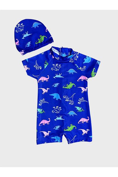 ALİŞ KİDS Boy's Blue Dinosaur Patterned Bonnet Short Sleeve Protected Swimsuit