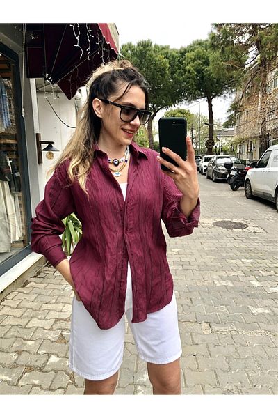 Gözde Tasarım Butik Women's Burgundy Color Jacquard Back Long Shirt