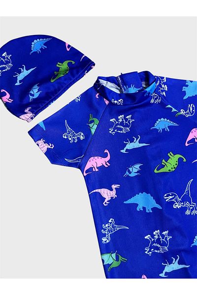 ALİŞ KİDS Boy's Blue Dinosaur Patterned Bonnet Short Sleeve Protected Swimsuit