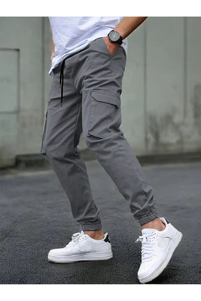 VIKUNYA Men's Summer Gray Jogger Cotton Cargo Pants Adjustable Waist Elasticized Legs Comfort