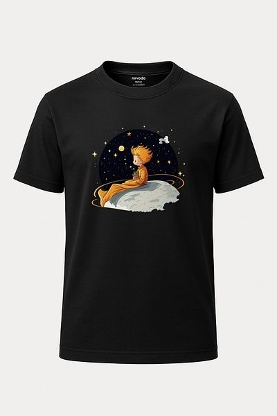 nirvoda Tricou unisex cu decolteu rotund cu imprimeu Micul Prinț, negru