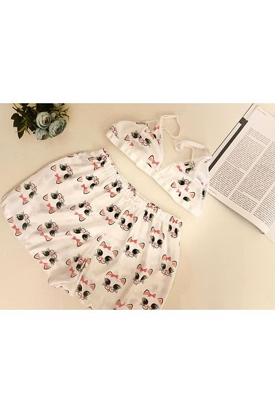 femmefinesse White Cat Women's Rope Strap Lace Bustier Shorts White Cute Cat Satin Nightgown Set