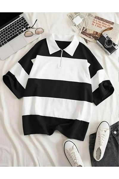 woonkey Unisex Oversized Striped Half Zippered Cotton Summer Polo Collar Shorts 2-Piece Set New Season
