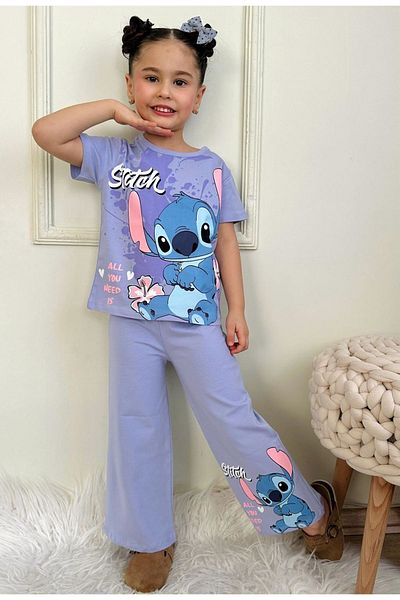 Yağmur Giyim Pjkbp Stitch Pattern Lilac Wide Leg Girl's Short Sleeve Suit 3-10 Years 7617-L