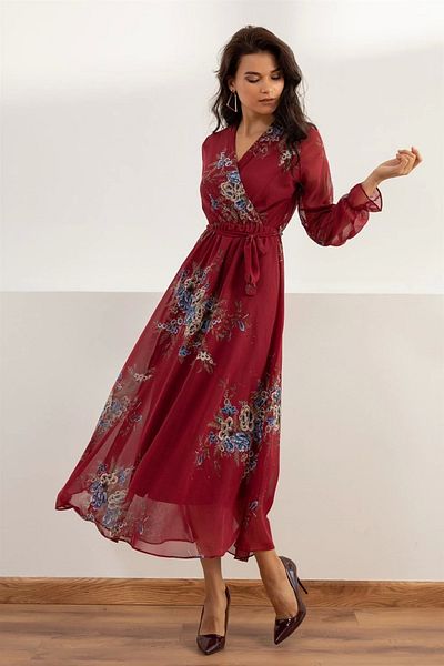 azra moda Long Yellow Floral Chiffon Dress - Burgundy