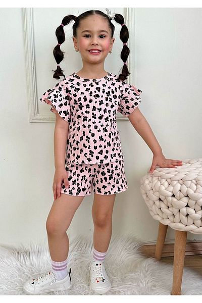 Yağmur Giyim Pjkskt Leopard Pattern Salmon Twill Ruffled Sleeve Shorts Girl's Short Sleeve Set 7632-S
