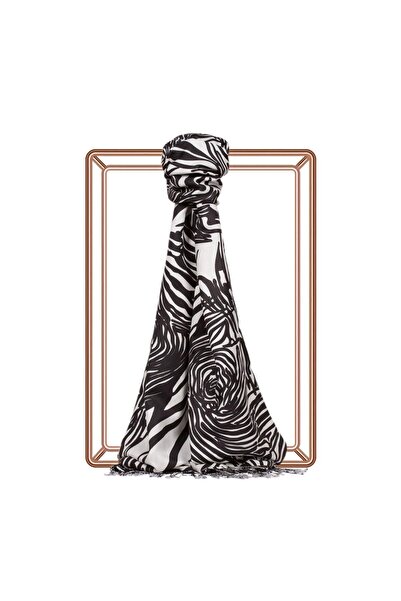 ipekevi İpekevi Zebra Desenli İpek Şal 02671-Siyah Beyaz