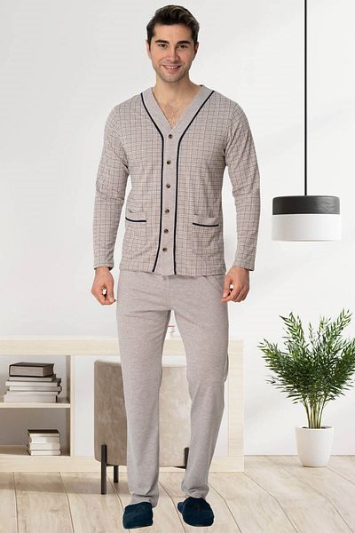 Mecit Pijama طقم بيجامة رجالي مقاس كبير بأزرار أمامية باللون البني من Mecit 22767