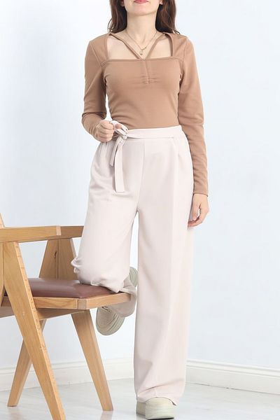 A&O Style Women's Stone Color Elastic Waist Belted Wide Leg Crepe Palazzo Trousers