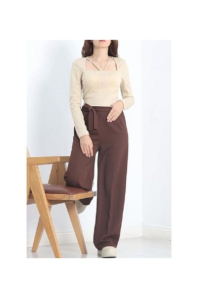 A&O Style Women's Bitter Brown Elastic Waist Belted Wide Leg Crepe Palazzo Trousers