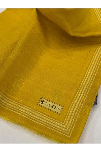 Vakko Monogram Cotton Silk Border Shawl 41540-Yellow