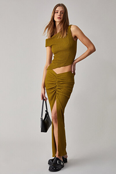 GRIMELANGE Bonia Women's Slim Fit Knitted Slit Detailed Green Skirt