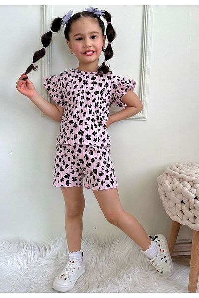 Yağmur Giyim Pjkskt Leopard Pattern Pink Twill Ruffled Sleeve Shorts Girl's Short Sleeve Set 7632-P