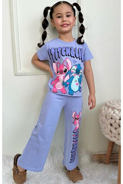 Yağmur Giyim Pjkbp Stitch Pattern Lilac Wide Leg Girl's Short Sleeve Suit 3-10 Years 7619-L