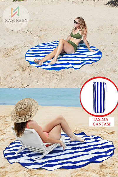 KAŞIKBEY غطاء نزهة للتخييم على الشاطئ مستدير مستدير مخطط قابل للطي من القماش ...