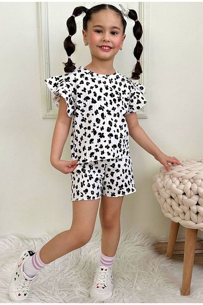 Yağmur Giyim Pjkskt Leopard Pattern Ecru Twill Fabric Ruffled Sleeve Shorts Girl's Short Sleeve Set 7632-E