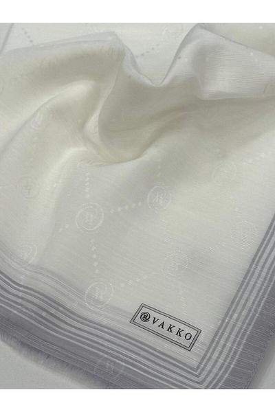 Vakko Monogram Cotton Silk Border Shawl 41540-White