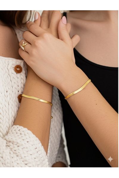 EFAYNU Steel Italian Chain Herringbone Snake Bracelet Dear, Mother's Day Gift 2 Pcs Gold