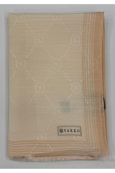 Vakko Monogram Cotton Silk Bordered Shawl 41540-Ecru
