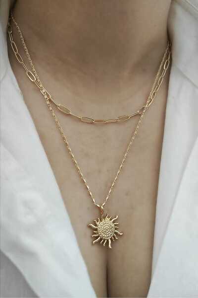 KYOLA DESİGN 2`li Kombin Minimal Güneş Charm Gold Kadın Kolye