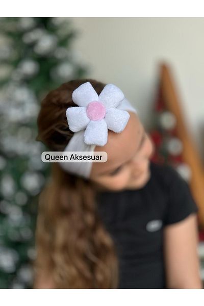 QUEEN AKSESUAR Plush Floral Stretchy Soft Wide Girls Kids Baby Hair Band White Band Bandana