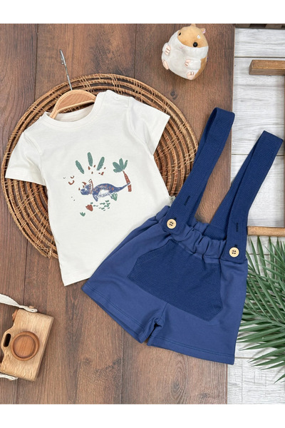 Bolly Baby Salopet Dino Baskılı Omuzdan Çıtçıtlı Yazlık Erkek Bebek Takım
