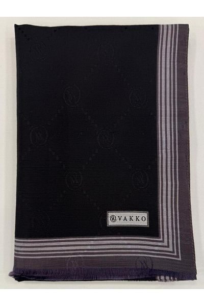 Vakko Şal cu bordură din mătase din bumbac monogramă 41540-Negru