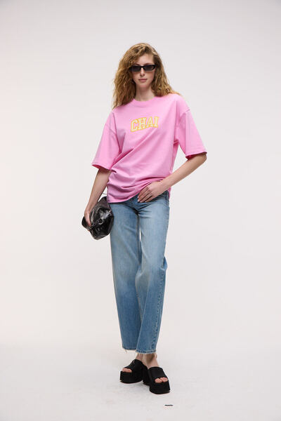 ETHIQUET Γυναικείο μπλουζάκι GOJI 100% βαμβάκι με τύπωμα oversized με κοντό μανίκι ροζ μπλουζάκι