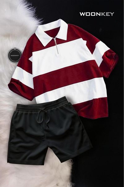 woonkey Unisex Oversized Striped Half Zippered Cotton Summer Polo Collar Shorts 2-Piece Set New Season