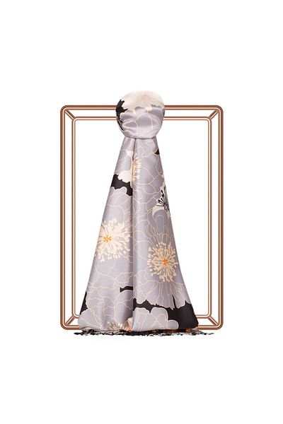 ipekevi Hydrangea Basket Patterned Silk Scarf 05197-Black Orange