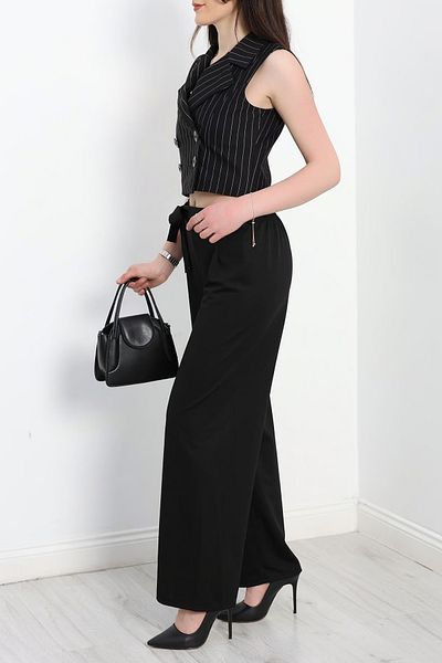 A&O Style Women's Black Elastic Waist Belted Wide Leg Crepe Palazzo Trousers