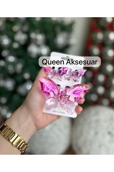 QUEEN AKSESUAR 3-Piece Colorful Transparent Shiny Glass Appearance Bone Butterfly Latch Buckle Set Pink Fuchsia