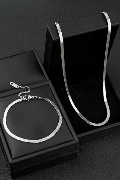 The Collection Paslanmaz Garantili Yassı Italyan Gümüş Çelik Kolye Ve Bileklik Seti