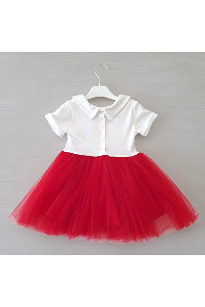 Şirin Şeyler Butiği Perla Kısa Kol Kız Çocuk Prenses Kabarık Tütü Elbise Bebe Yaka Esnek Likralı Kırmızı Beyaz