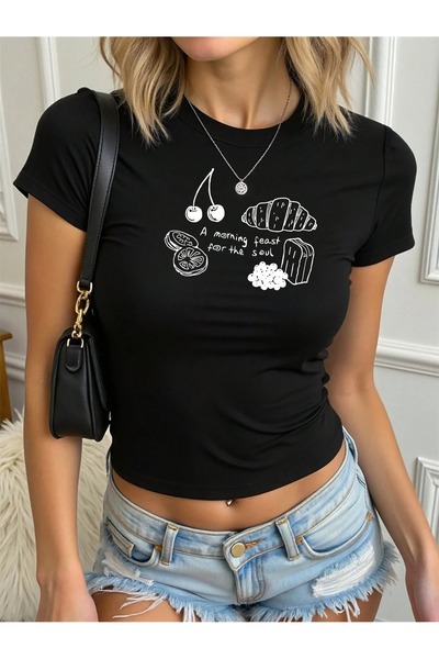 OVER HEAD Γυναικείο μπλουζάκι Cherry Croissant με τύπωμα Baby Tee Crop