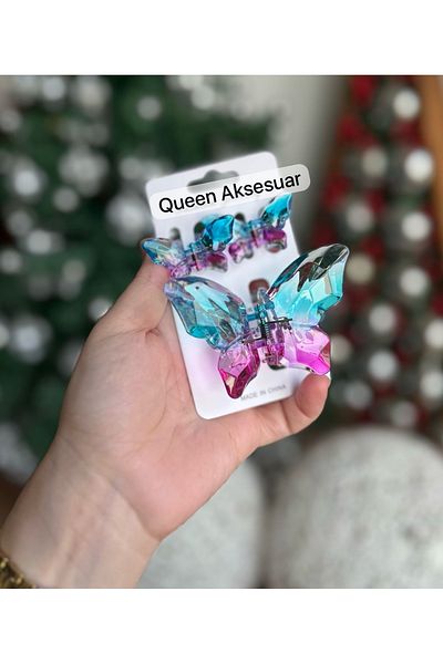 QUEEN AKSESUAR 3-Piece Colorful Transparent Shiny Glass Appearance Bone Butterfly Latch Buckle Set Blue Pink