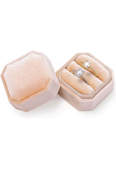 Choice M Champagne 1pc Velvet Ring Box, Double Ring Box Ring Jewelry Box 2 Slots Octagon Ring Display Holde