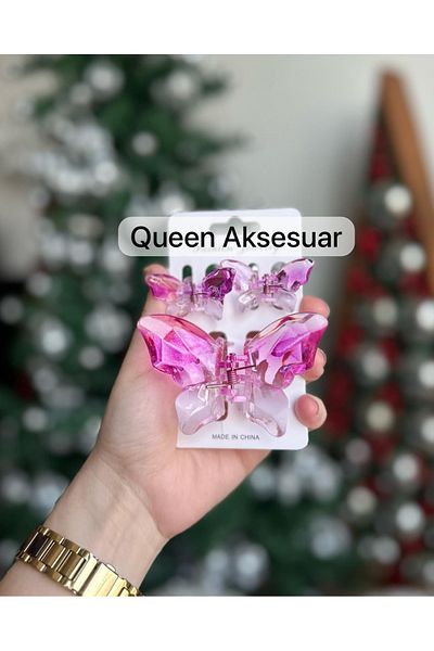 QUEEN AKSESUAR 3-Piece Colorful Transparent Shiny Glass Appearance Bone Butterfly Latch Buckle Set Pink Fuchsia