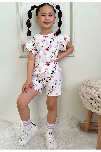 Yağmur Giyim Pjkskt Flower Pattern Ecru Twill Fabric Ruffled Sleeve Shorts Girl's Short Sleeve Set 7635-E