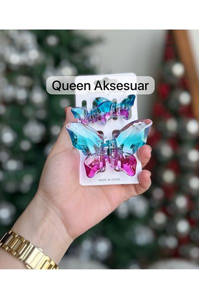 QUEEN AKSESUAR 3-Piece Colorful Transparent Shiny Glass Appearance Bone Butterfly Latch Buckle Set Blue Pink