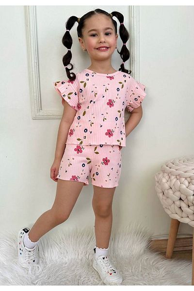 Yağmur Giyim Pjkskt Flower Pattern Salmon Twill Ruffled Sleeve Shorts Girl's Short Sleeve Set 7635-S