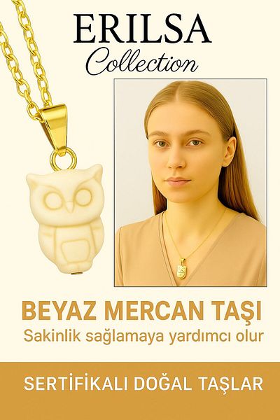Erilsa Certified Owl Model White Coral Stone Necklace – Stone of Wisdom, Purity and Spiritual Protection