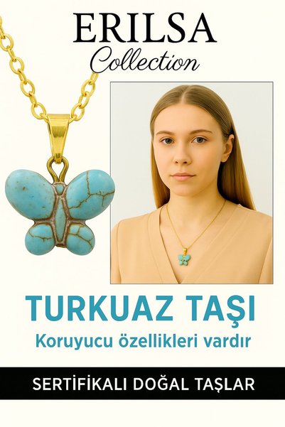 Erilsa Sertifikalı Altın Renkli Kelebek Firuze (Turkuaz) Kolye – Özgürlük, Ko...